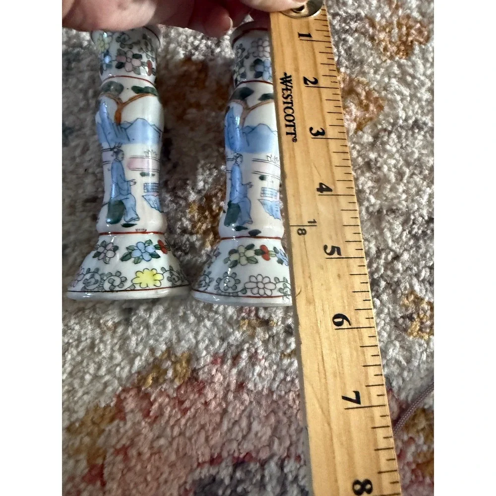 Vintage Chinese Porcelain Candlestick Pair Hand Painted Floral Landscape 5.25